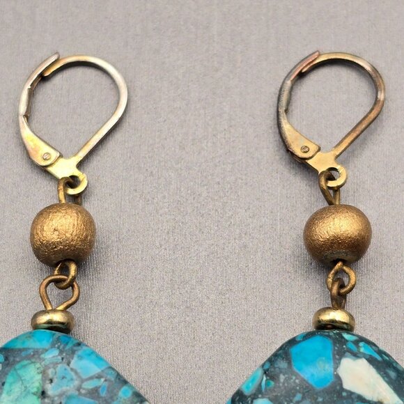 Faux Turquoise Dangle Earrings 2" Gold-Tone Accents & Lever Back Hooks - Picture 4 of 10